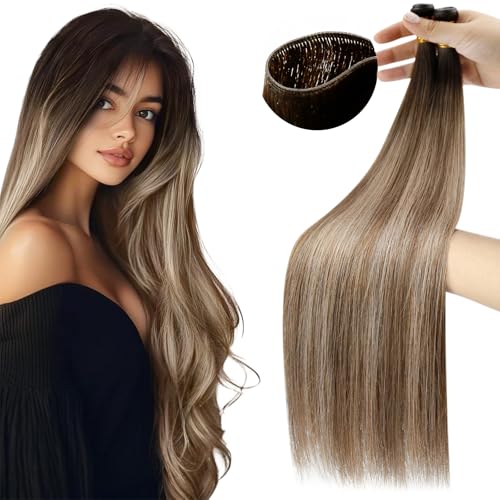 Image of Moresoo Genius Weft Hair Extensions Human Hair, Balayage Medium Blonde to Toffee Brown with Warm Beige Blonde 20inch 60g, Invisible Sew in Hair Extensions Real Remy Soft Straight for Volume Daily Wear
