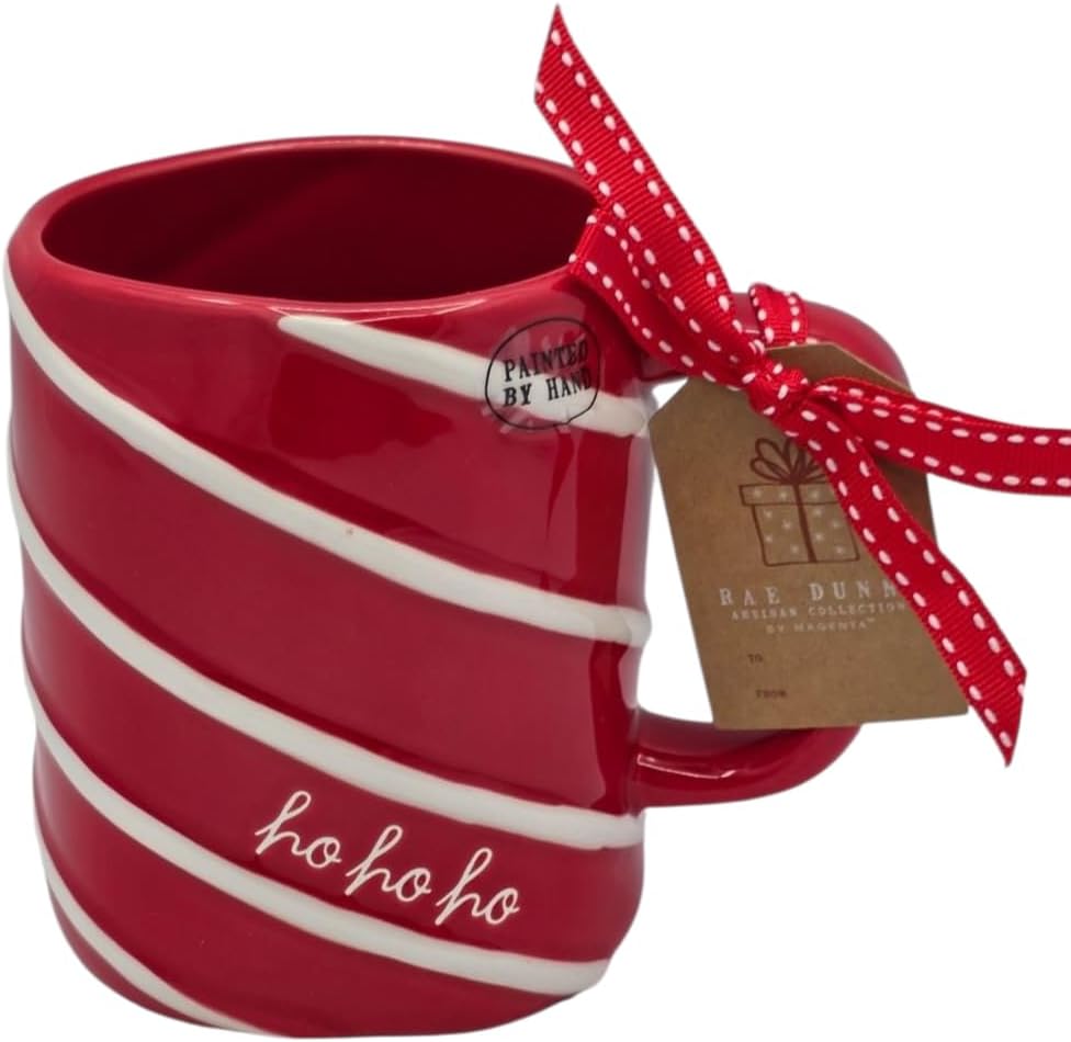 Rae Dunn Ho Ho Ho christmas ceramic coffee mug, winter tea cup. red with white stripes