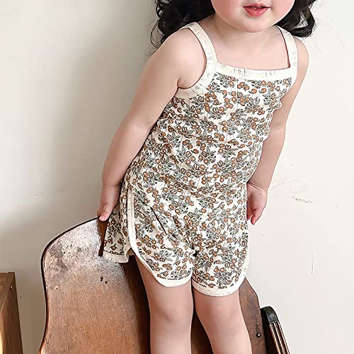 Toddler Girl Cotton 𝐏ajamas Floral Print 𝐒leepwear Spaghetti Strap Tank Top with Shorts 𝐏js Baby Cute Summer Loung𝐞wear3