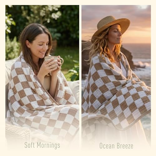Image of 6-Layer Muslin Toddler Blanket - Made with Organic Cotton, Large 50x60 Crib Quilt & Bedding for Kids & Moms (Coffee Checkered)
