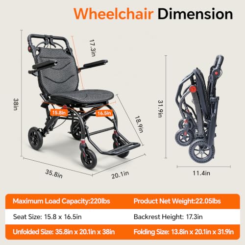 Image of SOFTFISH Transport Wheelchair with Ergonomic Seat & Adjustable Caregiver Handle, 1s Foot-fold Wheelchairs for Adults with Pull Rod, Foldable Armrest & Footrest, Travel Transport Chair for Seniors