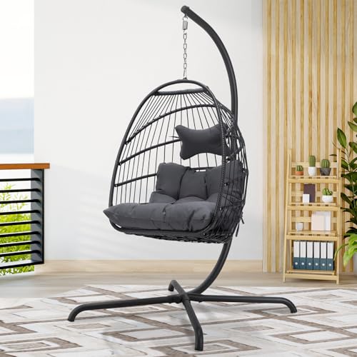 BLUEXYARD Boho Rattan Egg Chair with Stand, 350 Lbs Foldable