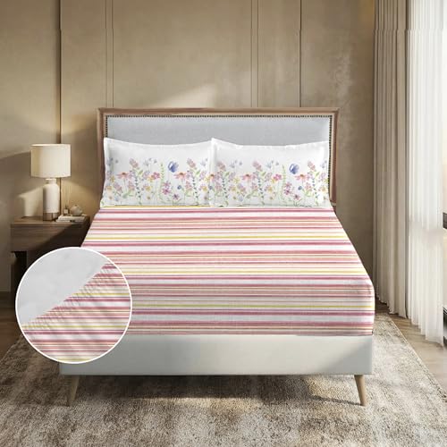 Image of MYTRIDENT Soft Comfort Bedsheet for Double Bed King Size | 182 cm x 198 cm + 30 cm | 200 TC, Sateen Weave, 100% Cotton, Elastic fittedsheet with 2 Pillow Covers and Breathable - Bloom Era
