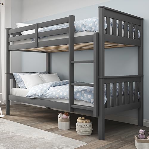 Blisswood Double Bunk Bed 3ft Single Bed Frame with Ladder Extra Strong & Durable Wooden Kids bunk beds Twin Sleeper for Kids Children Adults Double Bed Frame With Under Bed Storage (Dark Grey)