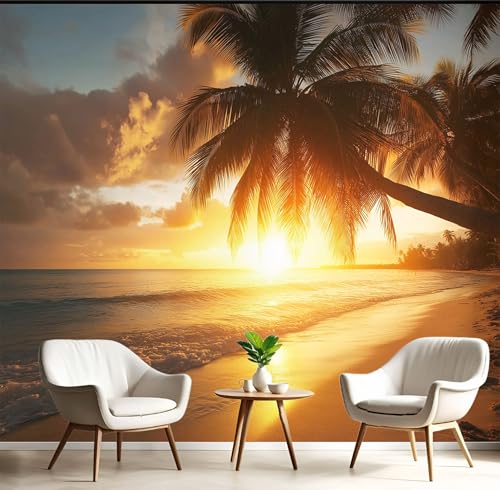 Sonnenuntergang Auf Einer Tropischen Insel Seide Foto Tapete Karibische Meereslandschaft Fototapete Panorama XXL Wandtapete 3d Effekt Wand Dekoration für Wohnzimmer Schlafzimmer Küchen, Gelb