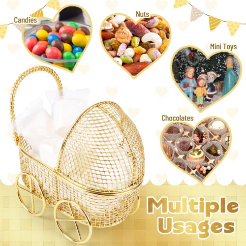 Image of Threehoney 12 Pcs Baby Shower Mini Carriage Decoration Metal Wired Fillable Small Stroller Table Decor Baby Shower Party Favor for Guest Gender Reveal Candy Centerpiece (Gold)
