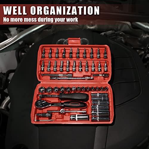 Image of Egofine 53 Pieces 1 /4 inch Drive Socket Ratchet Wrench Set with 72 Tooth Reversible Ratchet, with Bit Socket Set and Extension Bar for Auto Repairing and Household, with Storage Case