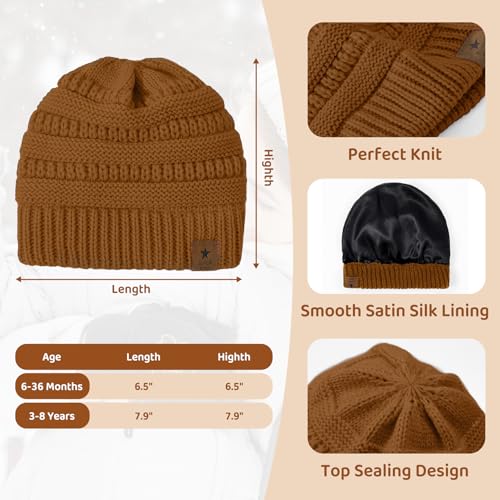 Durio 3 Pcs Satin Lined Beanie for Baby Girl Winter Hat Knit Warm Toddler Beanies for Babies Infant Boys Winter Hats for Kids4