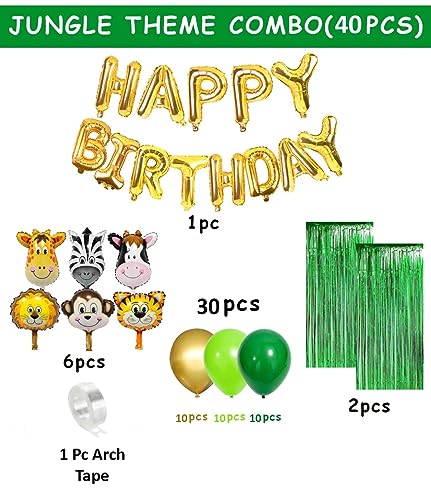 Image of MOOKE Jungle Theme Birthday Decoration Kit - 40 Pcs Combo Balloon, Bunting for Kids | Animal Theme Birthday Party Decorations | Jungle Safari Theme Birthday Decoration