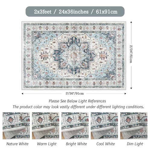 Madane Washable Area Rug 2x3, Small Entryway Rug Non-Slip Vintage Door Mat Indoor Entrance, Low Pile Floor Carpet for Inside Front Door Bedroom Kitchen Entry Laundry (2'x3', Blue)