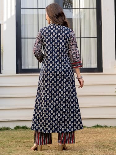 Image of Amayra Women's Pure Cotton Printed A-Line Kurta Set with Palazzo Pants & Dupatta- Ethnic Wear
