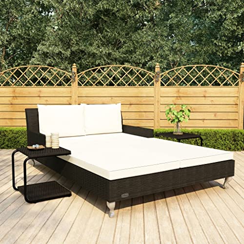 YAFF 2-Person Patio Sun Bed with Cushions Poly Rattan Black(Black)