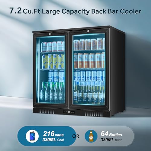 Image of Tylza Back Bar Cooler 2 Door 216 Can Black | built-in /free, fast cool, temp memory, 2 locks, LED, low-e glass