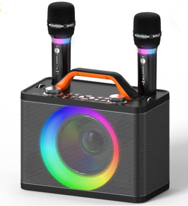 Macchina per karaoke con 2 microfoni wireless RGB, macchina per karaoke portatile da 5200 mAh con 10 modalità RGB, pannello di controllo indipendente, riproduzione 13H (Black x)