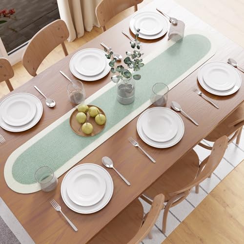 Image of Encasa XO Table Runner for 4 Seater | Handmade Ribbed Style Cotton | 30x137 cm | Sage & Off White | for Dining & Center Table