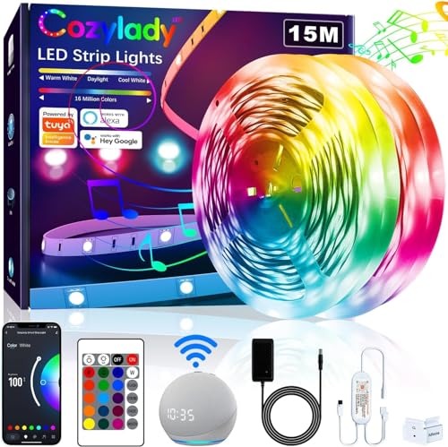Cozylady 15M Wifi LED Strip Lights Smart LED Light Strips Compatible with Alexa Google Home Controlled by APP - Music Sync LED Lights Strip for Bedroom Decor Room Decor Childrens Room15M