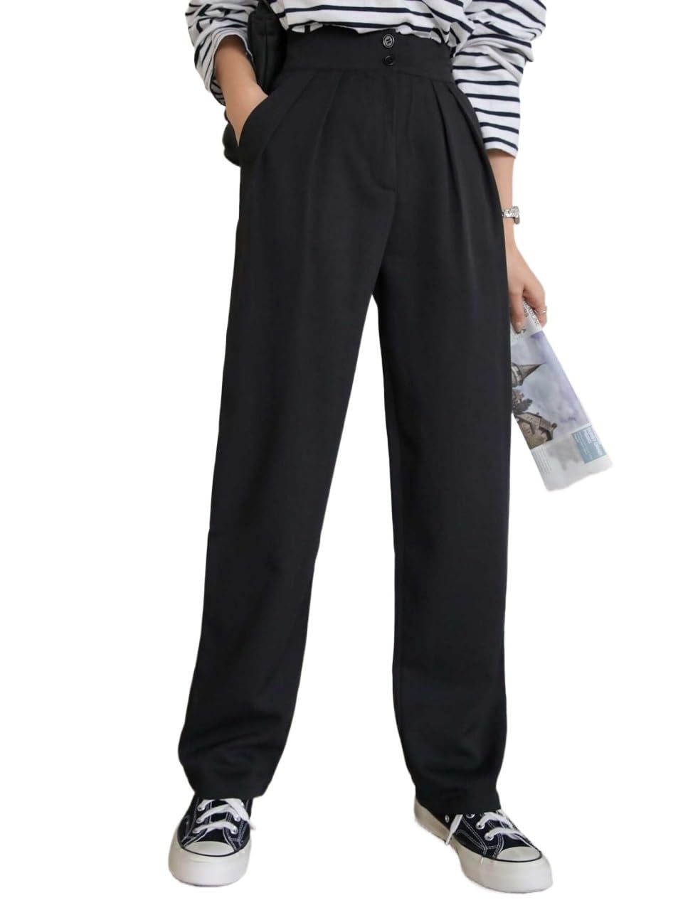 EFJONE Trousers Pants for Women Fall Trendy High Waist Plicated Detail Straight Leg Pants Fashion Suit Pants