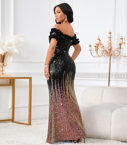 Image of dasmzper Women Sexy Sequin Off Shoulder Ruffle Short Sleeve Bodycon Mermaid Party Formal Evening Maxi Dress