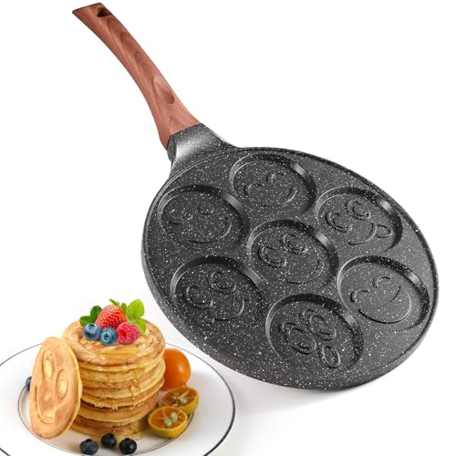 YASHE Smiley Face Pancake Pan 26cm 7 Hole Non Stick Mini Pancake Maker Pan Cast Aluminium Crepe & Egg Frying Pan Induction Suitable Kids Breakfast Pan for Brunch & Parties