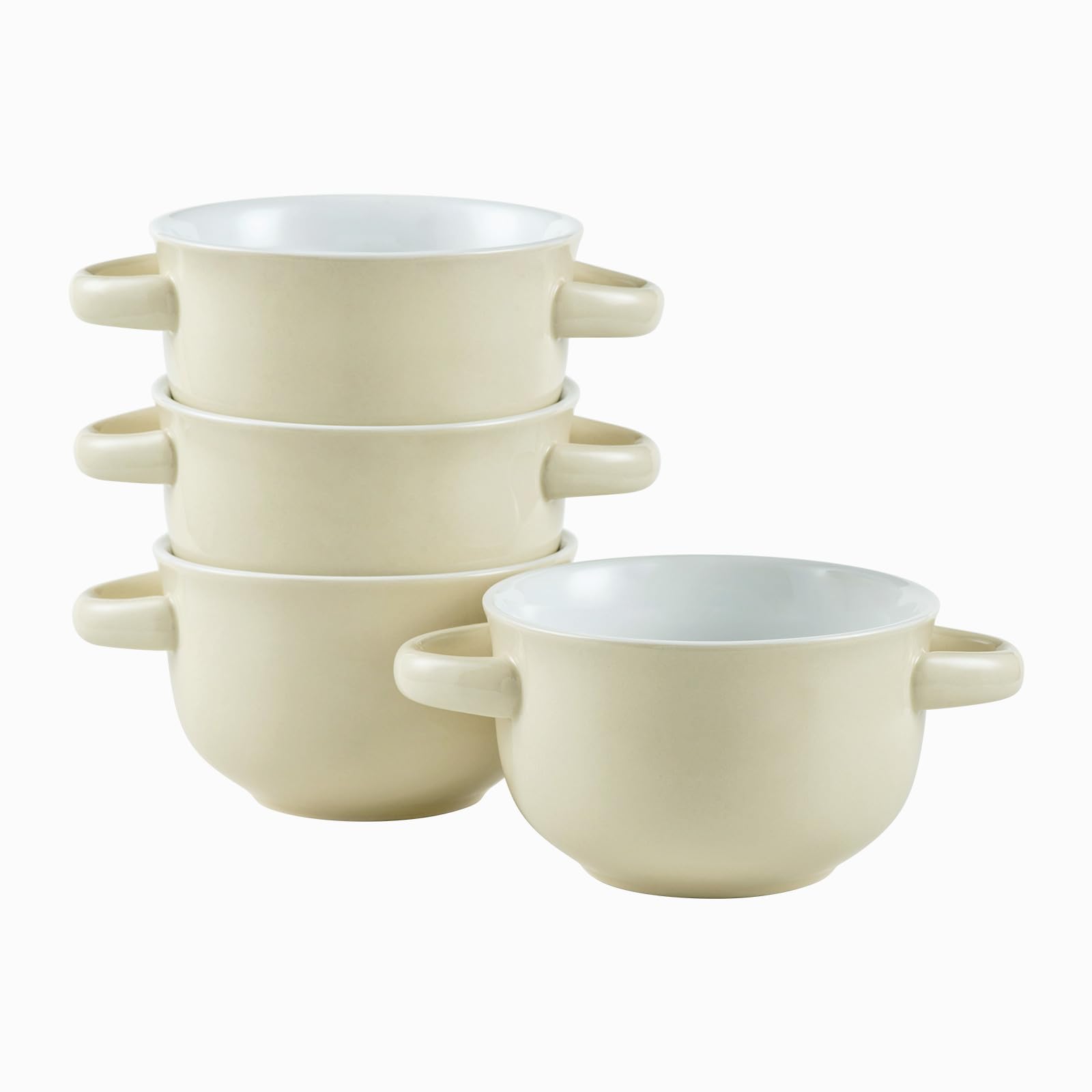 ONEMORE Ciotole Da Zuppa Con Manici 590 Ml – Set Da 4 In Ceramica, Bianco Crema, Lavabili In Microonde E Lavastoviglie