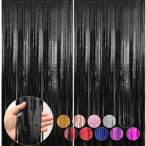 Image of 2 Pack Black Foil Fringe Curtains Streamers Party Decorations 3.3 x 8.2 ft, Black Tinsel Curtain Fringe Backdrop for Parties, Door Fringe Birthday Streamers, Photo Booth Backdrops, Party Decor