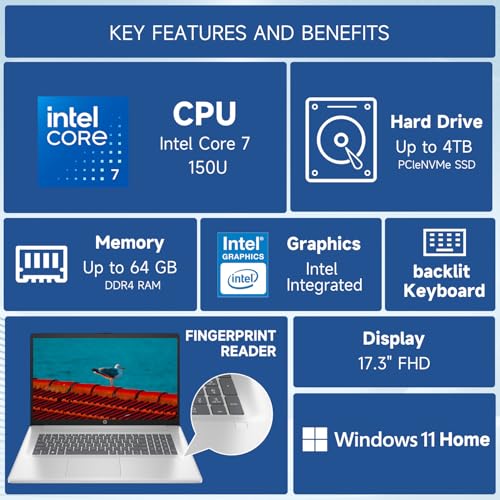 Image of HP Essential 2025 Laptop, 17.3 inch FHD, CORE 7 (Beats i7 1355), 64GB RAM, 2TB SSD, FP Reader, Backlit KB, Webcam, Wi-Fi 6, Windows 11 Home, Silver, Bundle with PCO Laptop Cooler