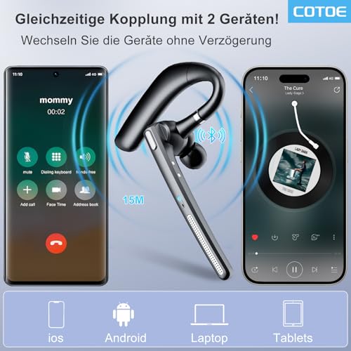 COTOE Bluetooth Headset V5.3, Kabelloser Ohrhörer mit 500 mAh Ladehülle, Freisprech-Kopfhörer, Geräuschunterdrückung, Mikrofon für Büro/Fahren/Business,Schwarz
