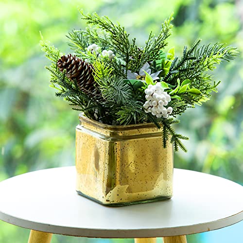 Led Home Decoration,Artificial Christmas Table Plants Decor With Lights, Fake Pinecone And White Berries,Mixed Pine Christmas Table Decoration In Gold Mercury Glass Pot Base（10Inch） #TOP5