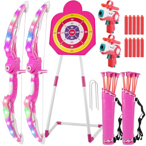 TWFRIC 2 Pack Bow and Arrow for Kids - LED Light Up Archery Set with 16 Arrows, 1 Standing Target & 2 Quivers - Fun Indoor/Outdoor Toy for Boys & Girls Aged 3-12! (Pink)