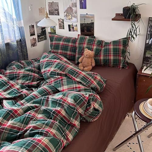 Image of mixinni Vintage Green Buffalo Plaid Washed Cotton Duvet Cover Full - Soft Breathable Textured Bedding Set with Zipper Closure for All Seasons-1 Duvet Cover + 2 Pillow Shams-Full Size