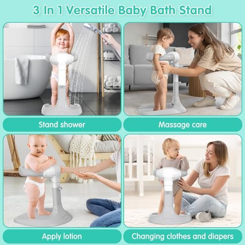 Image of One Piece No Assembly /Installation Baby Shower Stand with Anti-Slip Base and Shower Holder, Foldable Baby Bath Standing Support for Boy /Girl, Adjustable Toddler Stand Up Bath for 6-36 Months, Gray