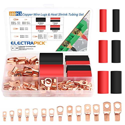 Electrapick 160Pcs Copper Wire Lugs, Battery Cable Lugs Battery Cable Ends Ring Terminals Connectors AWG2 4 6 8 10 12 with 80Pcs Heat Shrink Tubing Assortment Kit