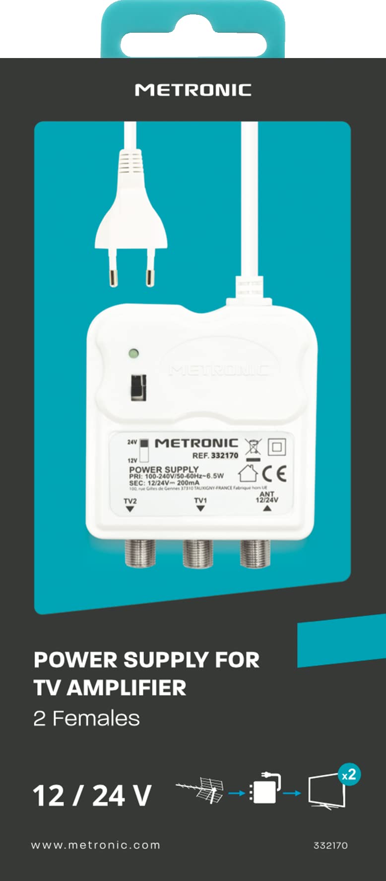 METRONIC 332170 Amplificatore per interni con regolazione del guadagno, 2 uscite TV 9,52 mm - Alimentazione 12/24 V per amplificatore TV - Alimentazione elettrica - Bianco