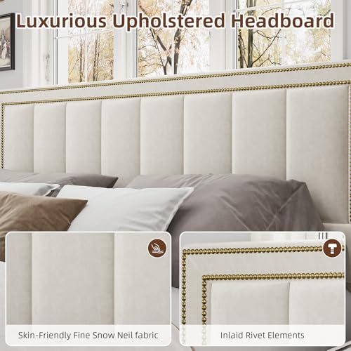 Image of BarnFurin King Size Size Bed Frame with 50 inch Tall Headboard and Footboard, Chenille Upholstered Bed Frame, Vertical Channel Tufting with Nailhead Trim, No Box Spring Needed, Easy Assembly, Beige