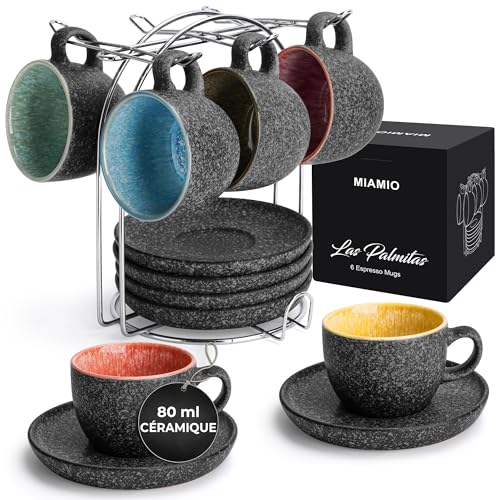 MIAMIO - Tasses à espresso empilables en céramique de 80 ml avec soucoupes et support en métal, ensemble de 6 demitasse pour latte café moka et thé -...