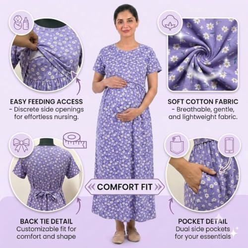 Image of Zero Clothing Feeding Dress for New Moms Casual Loungewear Ankle Length | Cotton Maternity Nighty | Zipless Feeding Dresses for Women | Pregnancy & Nursing Wear