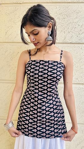 Image of backless kurtis for women | Pure Cotton sleeveless short kurti for women stylish | Stylish Square Neck & Back Design kurti Indo-Western Ethnic Kurti Top | with adjustable back strings for custom fit