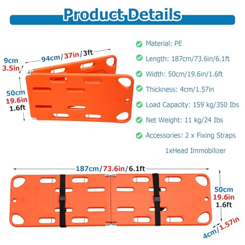 JYHHCYS Spine Board with Head Immobilizer and Straps, Transfer Backboard Immobilization Portable Patient Transport Rescue, Universal Water Floating Stretcher for Camp Outings/Pools