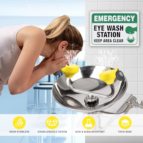 Image of Stainless Steel Eye Wash Station OSHA Approved, Eyewash Station, Wall Mounted First Aid Eye Wash with Dual Nozzles, Portable Eye Wash Station with Sign for Factory, Lab