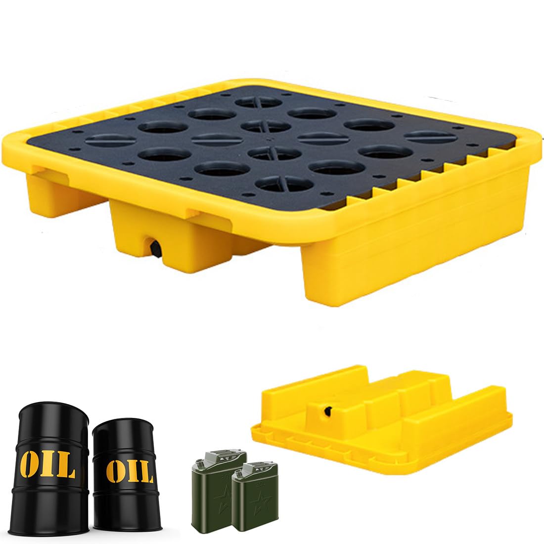 QUSYZD Heavy-Duty Drum Spill Containment Pallet, Leak-Proof Nestable Oil Drum Tray, Anti-Slip Polyethylene Spill Platform with Drain for Garage Storage, 49x35x9cm,72 * 72 * 16cm