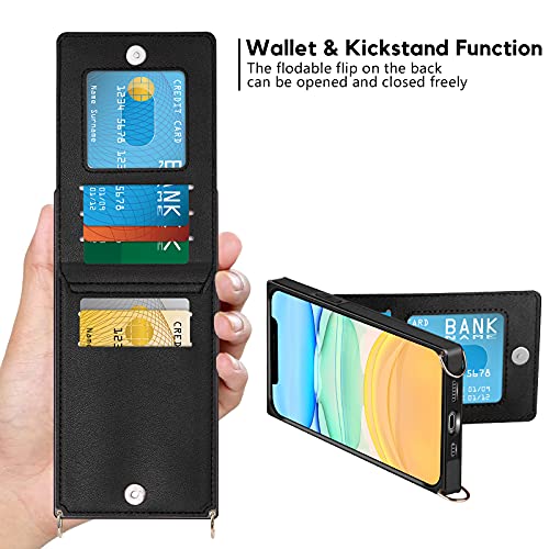 Vofolen For Iphone 11 Pro Max Case Wallet Card Holder Leather Pu Flip Cover Folio Lanyard Crossbody Strap Women Girl Magnetic Clasp Kickstand Square Heavy Duty Protective Bumper Armor Black #TOP4