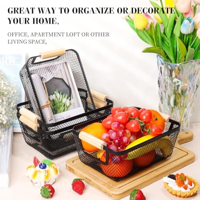 Dualshine 6Pack Black Wire Basket with Wooden Handle, Metal Mesh Storage Bins for Pantry, Kitchen, Bathroom, Office Organization