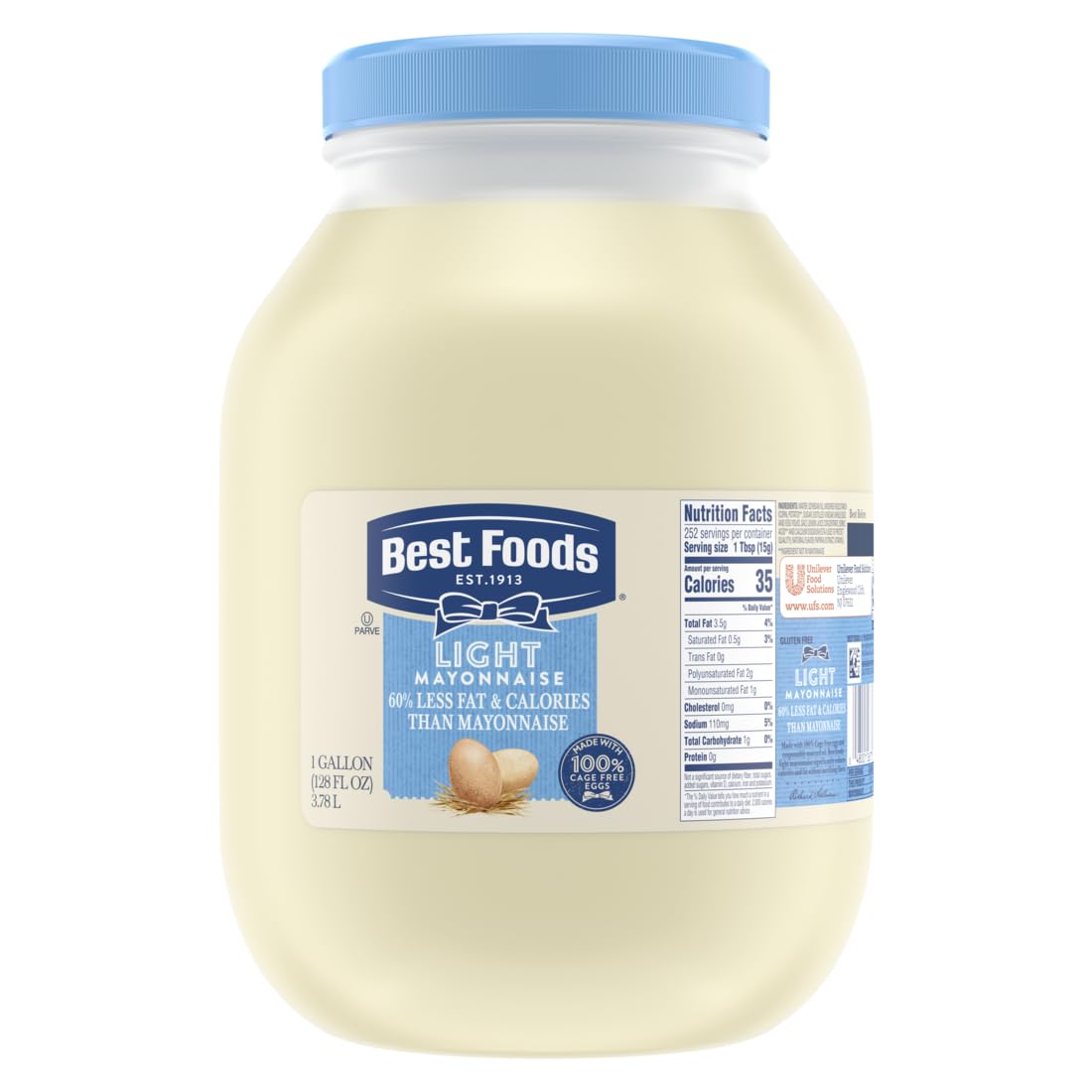 Best Foods Light Mayonnaise Jar, Condiment for Sandwiches, Salads, Mayo Made with 100% Cage Free Eggs, Gluten Free, 1 gallon (Pack of 4)