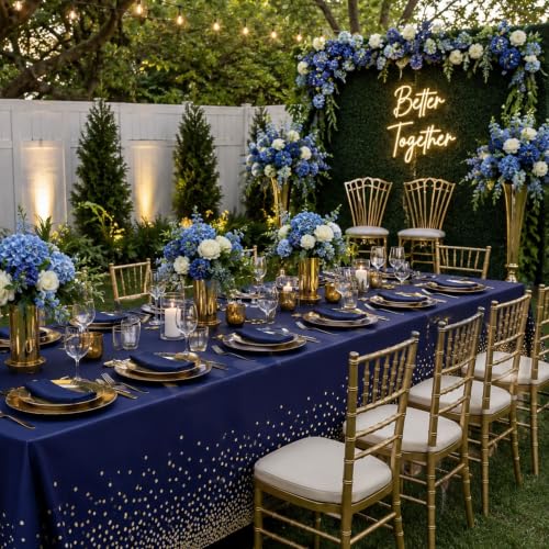 Image of Blue Orchards Blue and Gold Dots Table Cover (Pack of 3 with 20 Glue dots) - 54 inchx108 inch XL - Plastic Tablecloth, Anniversary, Wedding, Graduation Decoration, Picnic & Golden Birthday Party Supplies