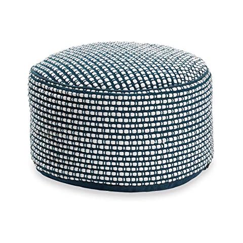 Klear Vu Maison Living Room Decorative Fabric Round Knit Ottoman, Blue and White Narrow Slub Cover