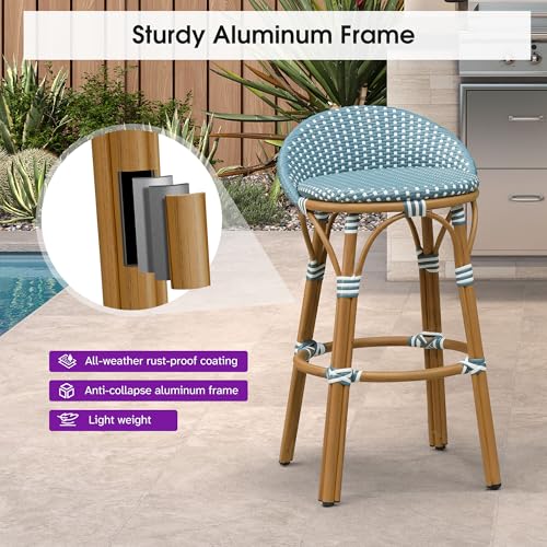 Image of PURPLE LEAF Patio Oversized Backrest Bar Height Stool Set of 1 Outdoor Round Barstools Aluminum Frame in Bamboo Finish Woven Rattan for Indoor Kitchen Dining Bistros Cafe Restaurant Light Blue