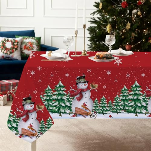 Quimoy Christmas Tablecloth 60×84 Inch Rectangular, Washable Xmas Trees Snowflake Table Cover, Red Winter Xmas Snowman Table Cloth for Christmas Party Picnic Kitchen Dinner Decor – Image 5