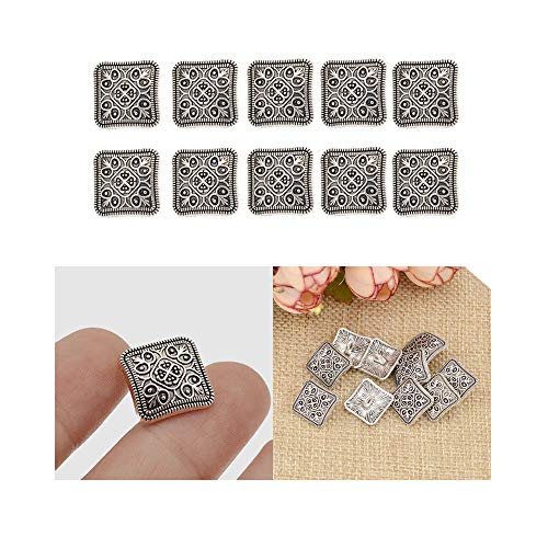 Acxico 10Pcs Square Antique Silver Floral Carved Shank Buttons Sewing Craft Metal