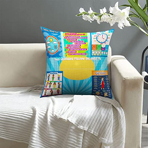 Preschooler Learning Pillow Cover, Educational Throw Pillow Case Square Cushion Cover Weather/Good Manners/Time/Emotions/Body Learning Educational Gifts For Kids Throw Pillow Cover, 18X18 Inch #TOP2