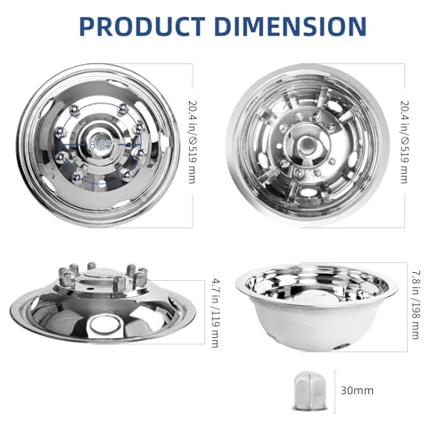 Image of hightall 19.5 Wheel Simulators, 19.5 inch 10 Lug Stainless Steel Hubcaps,Polished Surface,2Pcs Front Wheel /2Pcs Rear Wheel,Bolts On Wheel Cover Set Compatible with Ford 2005-2025 F450 /F550